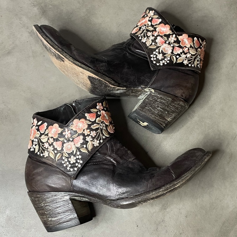 Old Gringo Dark Brown and Pink Floral Ankle Boots